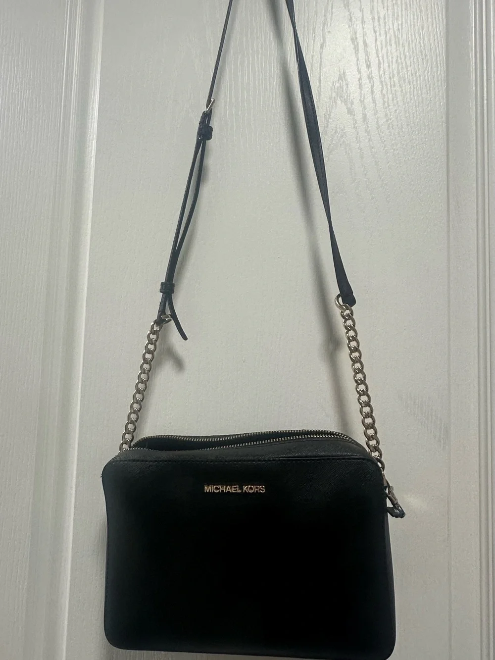 Michael Kors Black Leather Crossbody with Gold Chain Accents
